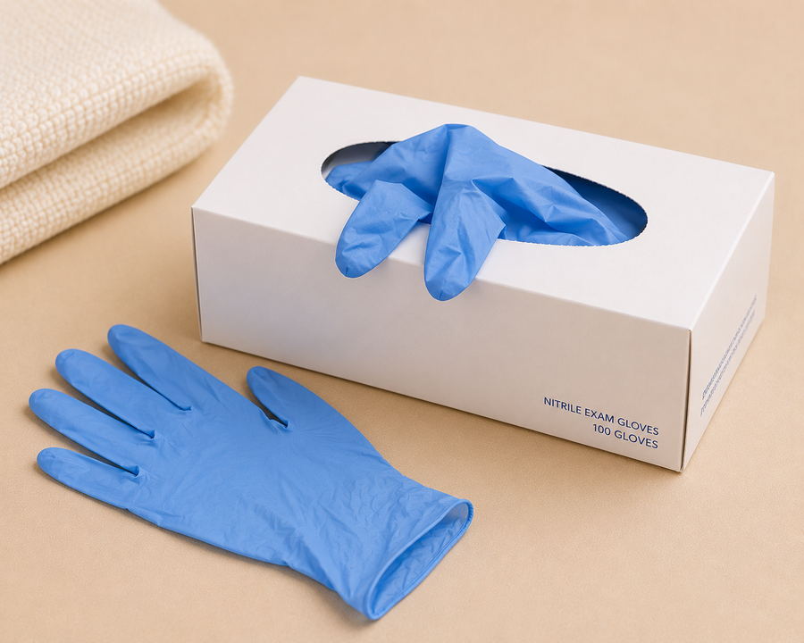 Blue nitrile exam gloves, box of 100 - caregiver add-on