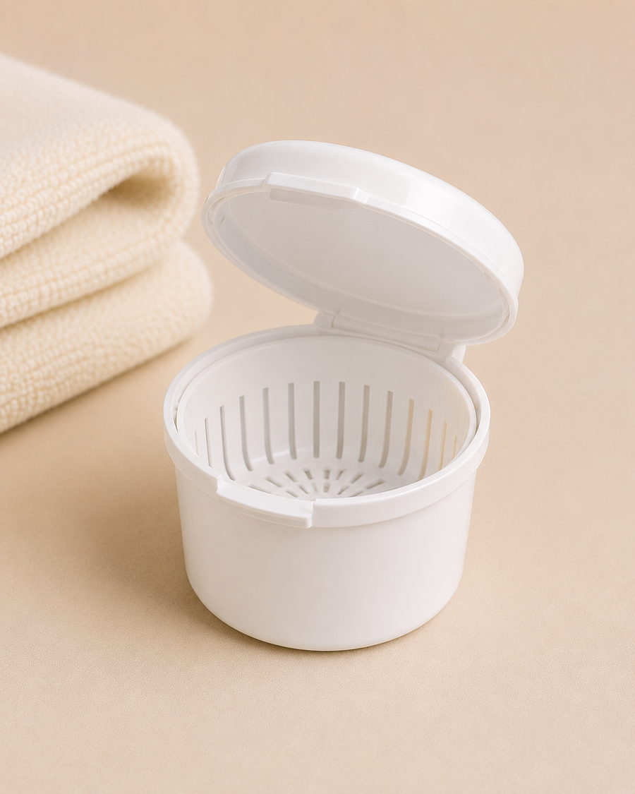 Denture cup with hinged lid - Elder Essentials monthly care add-on